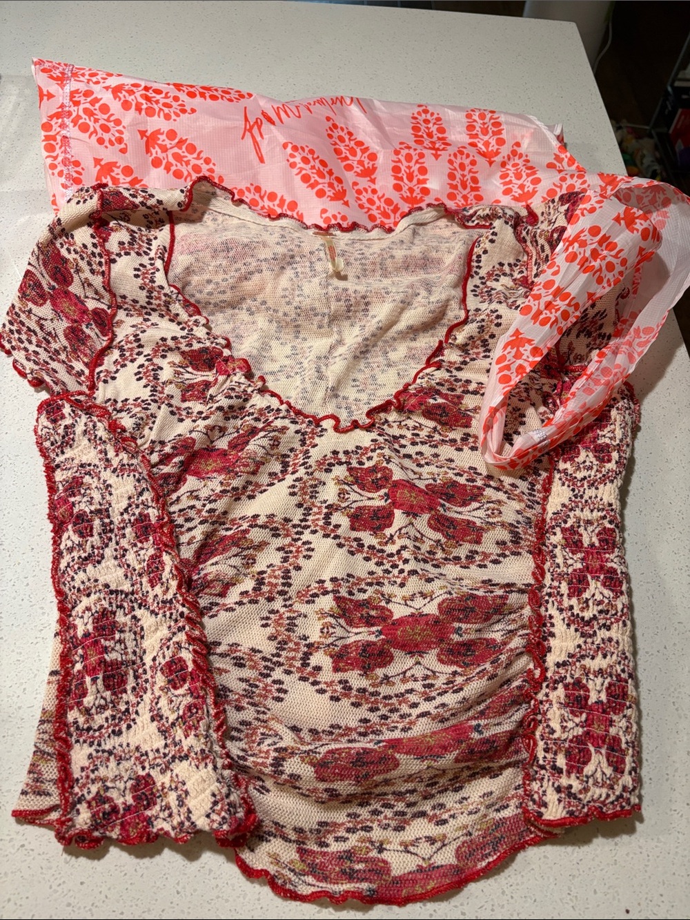 Free People Top NWOT Red & Cream Sheer Knit Top with Shopping Bag